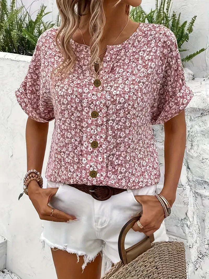 Montarello Women's Floral Print Button Blouse Short Sleeve