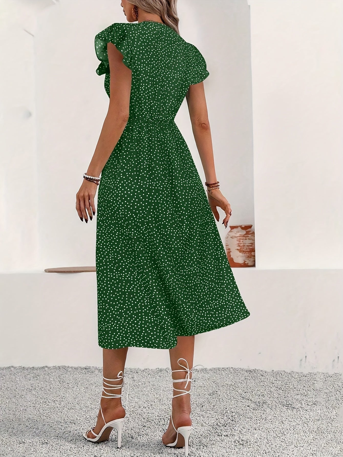 Montarello Polka Dot Ruffle V-Neck Midi Dress Women's