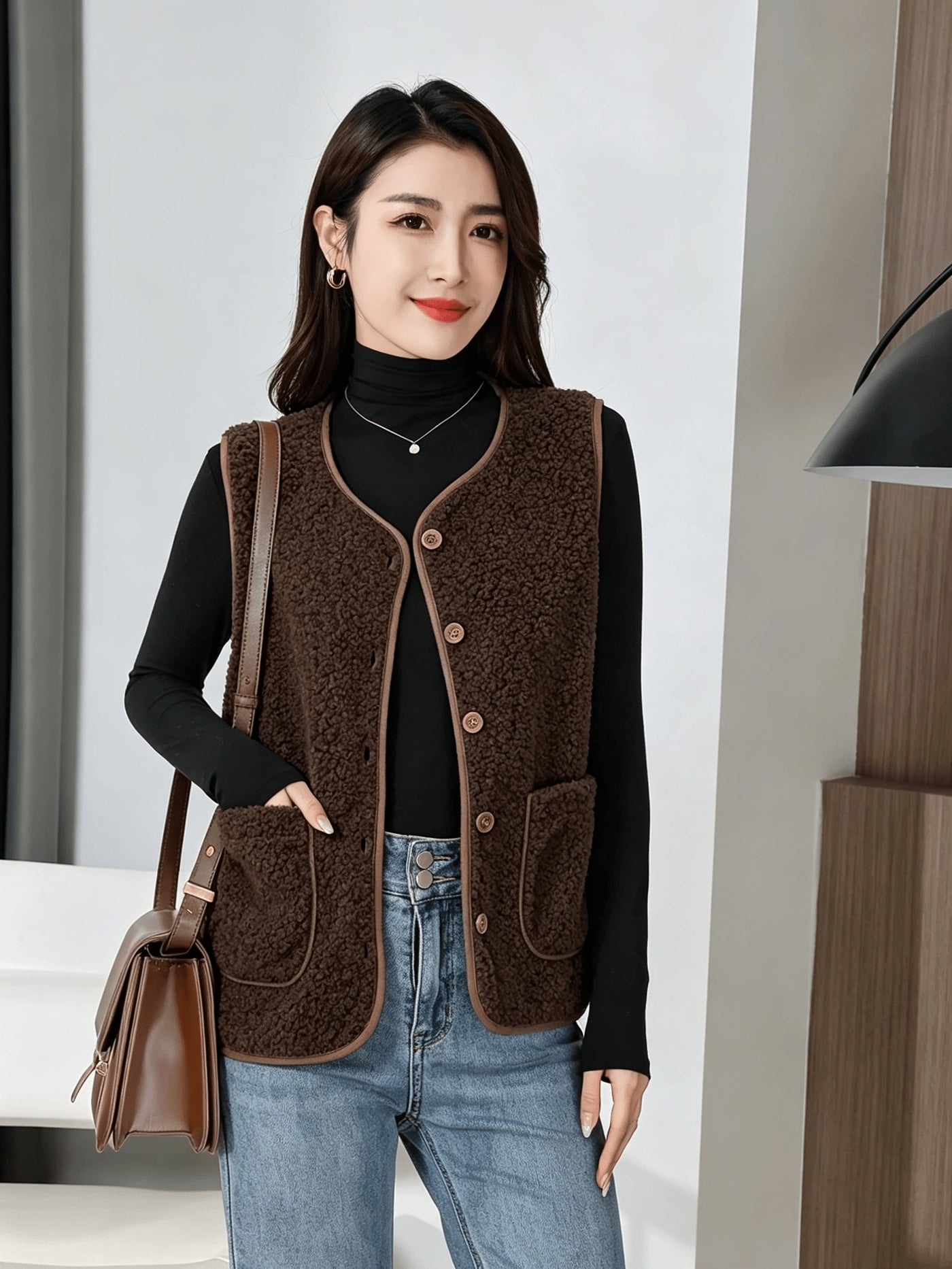Montarello Women's Gilet Borg Teddy Button Front