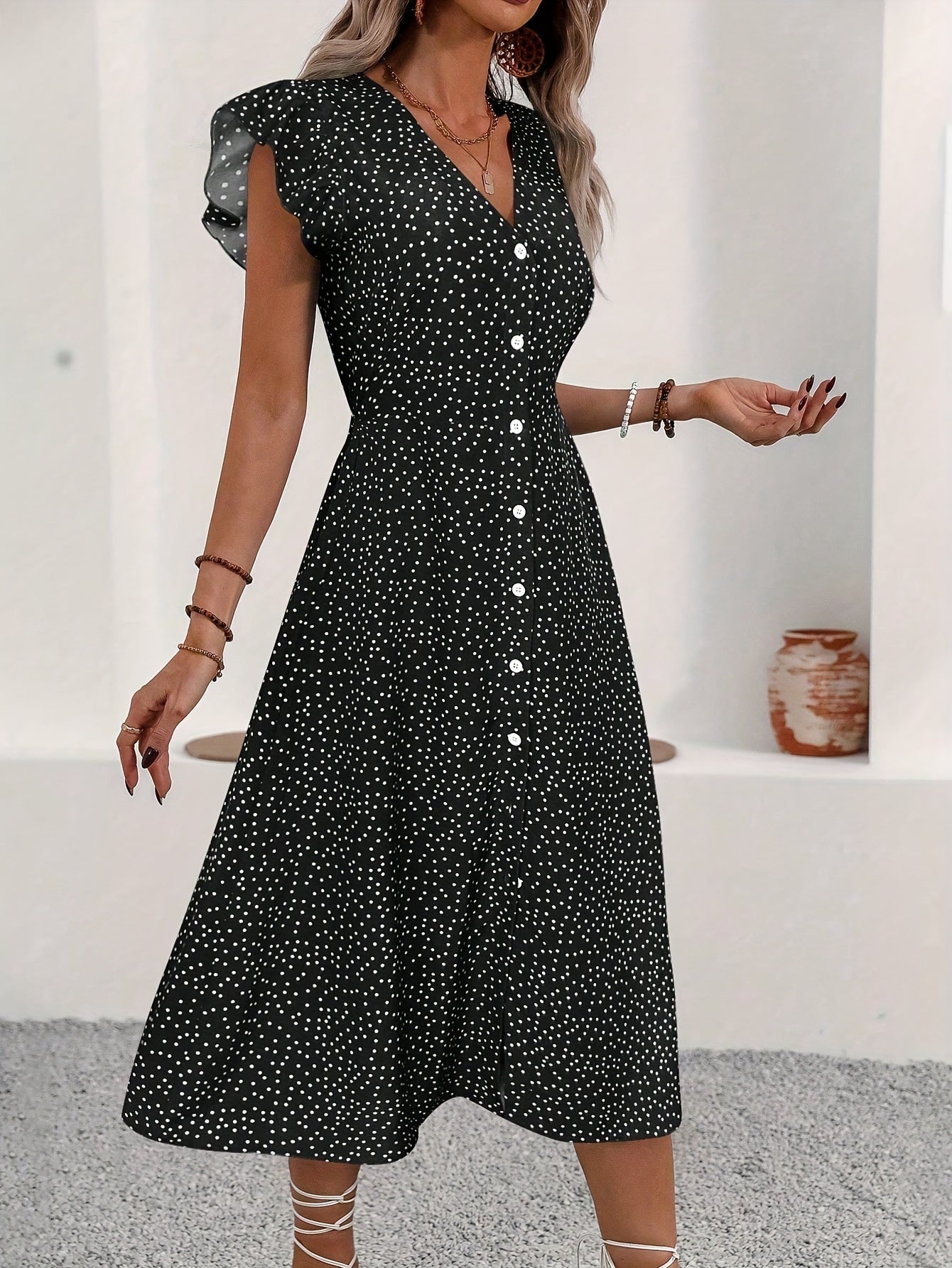 Montarello Polka Dot Ruffle V-Neck Midi Dress Women's