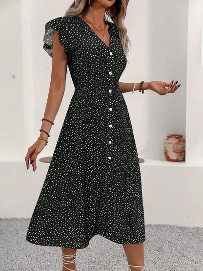 Montarello Polka Dot Ruffle V-Neck Midi Dress Women's