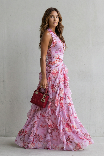 Montarello Women's Floral Halter Neck Maxi Dress – Wedding Guest Style