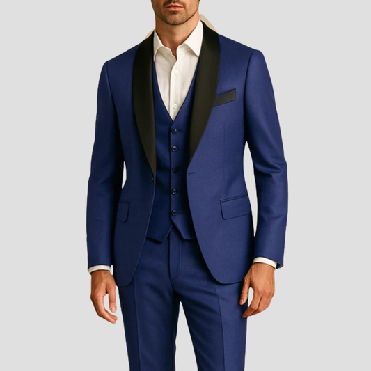 Montarello Men's Slim Fit Tuxedo 3-Piece Suit – Contrast Lapel Blazer Set
