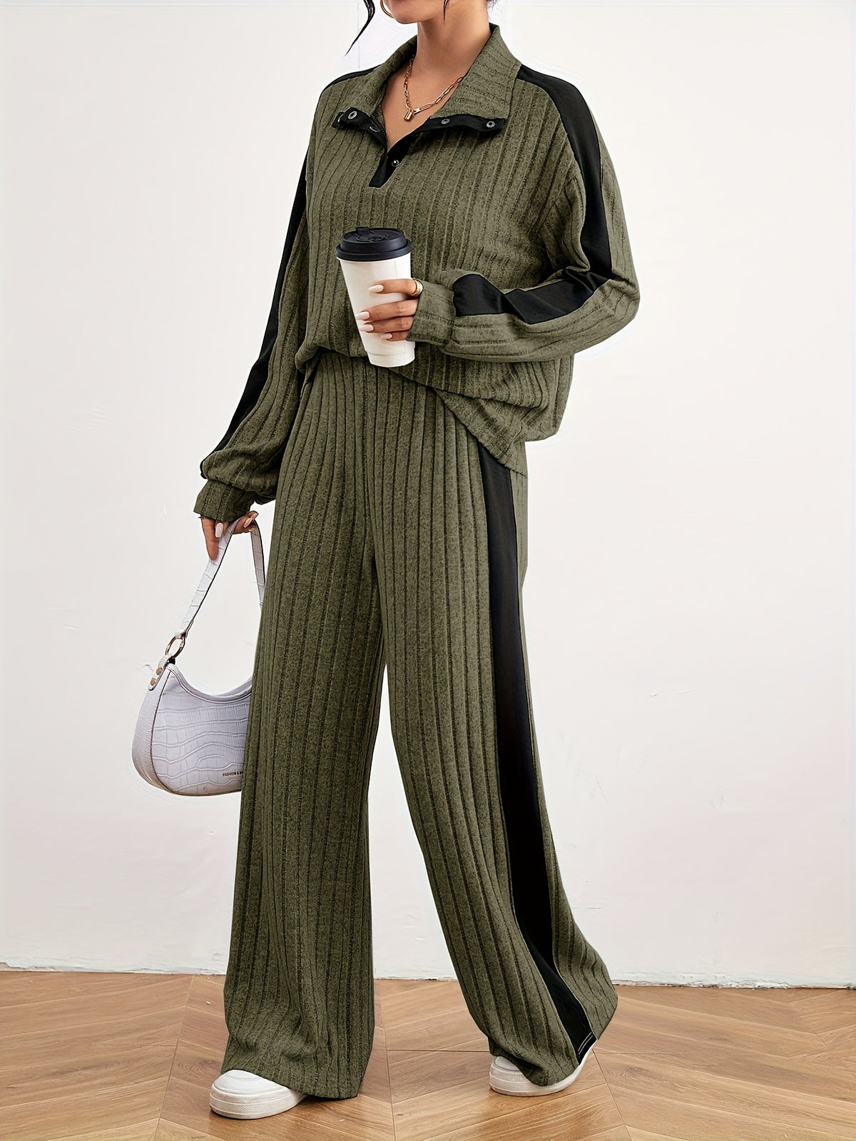Montarello Women's Lounge Set Striped Knit Contrast Trim Two Piece