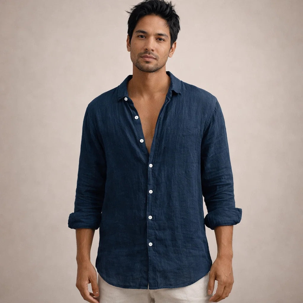 Montarello Men's Linen-Look Open Collar Shirt Long Sleeve