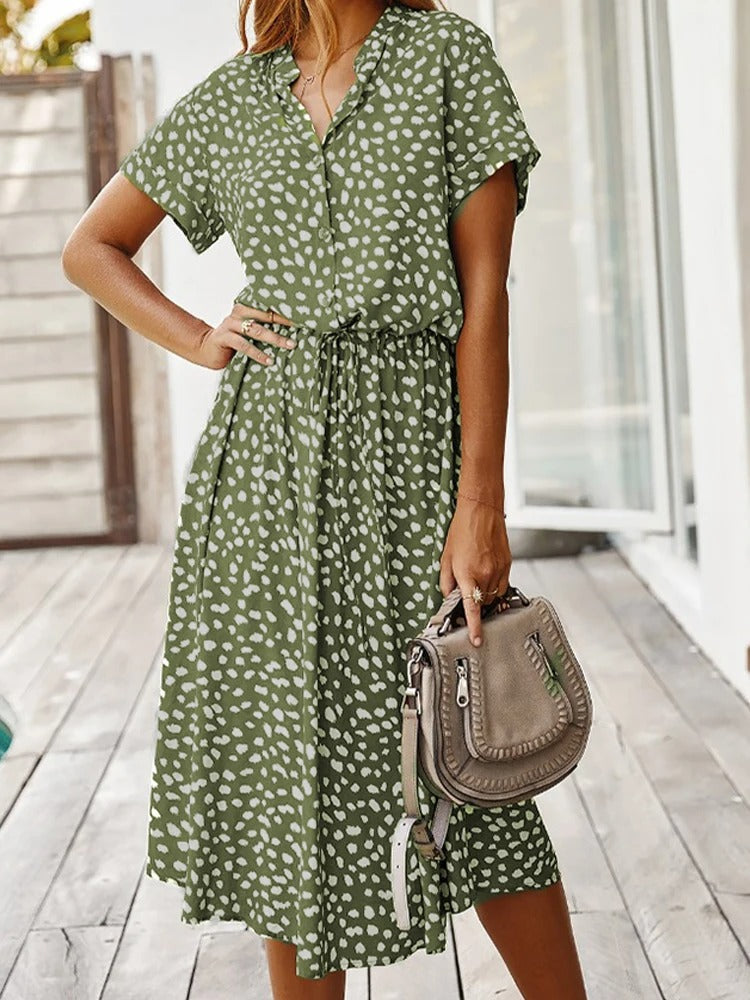 Montarello Women's Ditsy Print V-Neck Midi Dress Short Sleeve