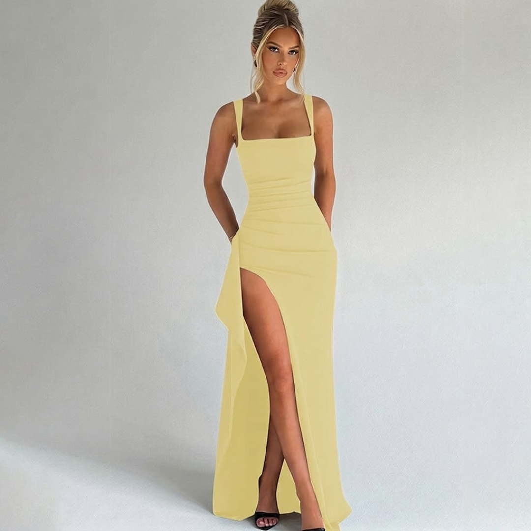 Montarello Square Neck Slit Maxi Dress Formal Evening