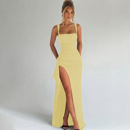 Montarello Square Neck Slit Maxi Dress Formal Evening