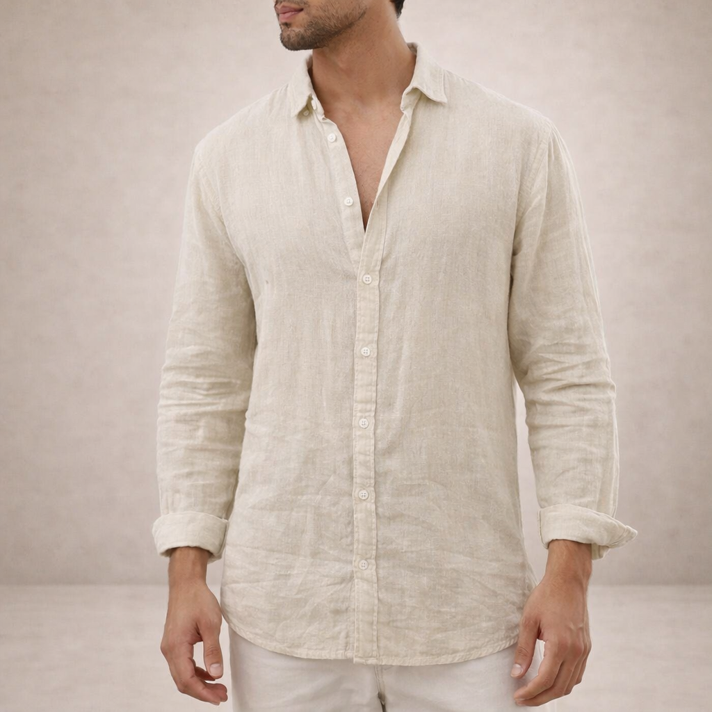 Montarello Men's Linen-Look Open Collar Shirt Long Sleeve