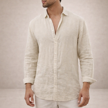 Montarello Men's Linen-Look Open Collar Shirt Long Sleeve
