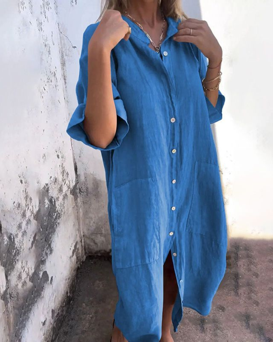 Montarello Women's Linen-Look Shirt Dress Button-Front Midi