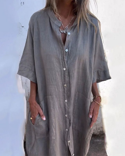 Montarello Women's Linen-Look Shirt Dress Button-Front Midi