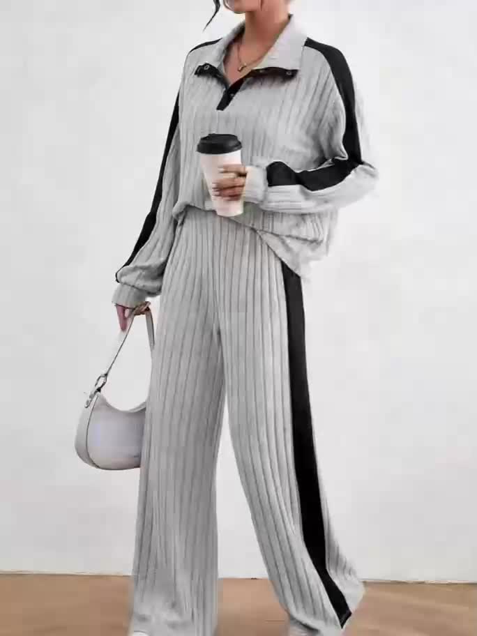 Montarello Women's Lounge Set Striped Knit Contrast Trim Two Piece