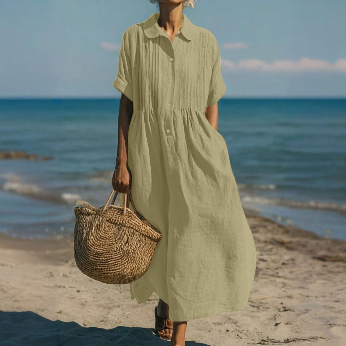Montarello Women's Short-Sleeve Linen-Look Collared Midi Shirt Dress
