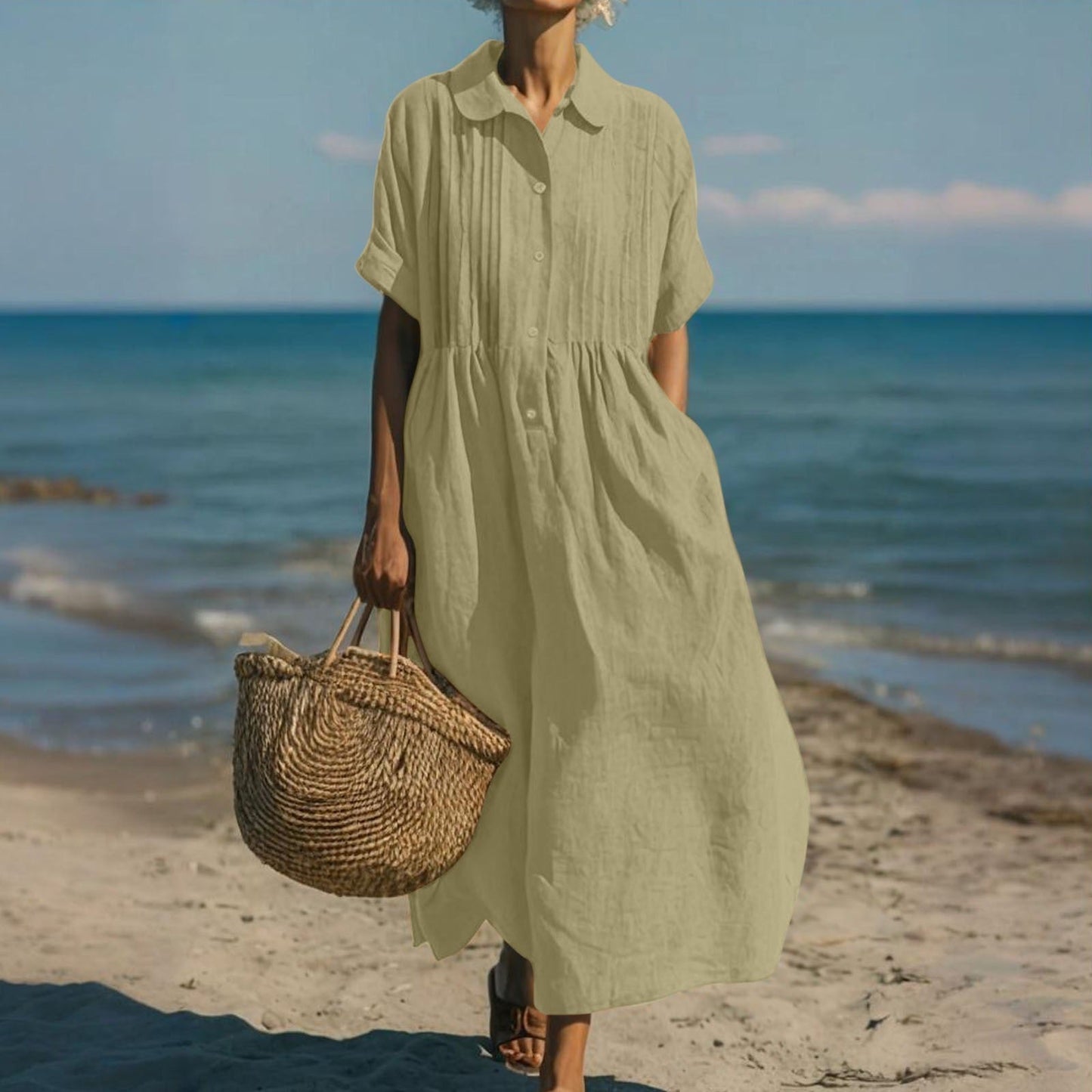 Montarello Women's Short Sleeve Button-Front Collared Midi Shirt Dress