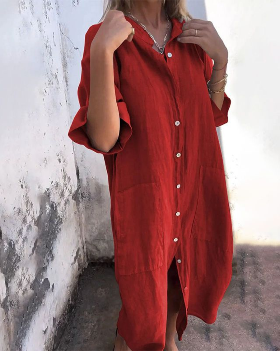 Montarello Women's Linen-Look Shirt Dress Button-Front Midi