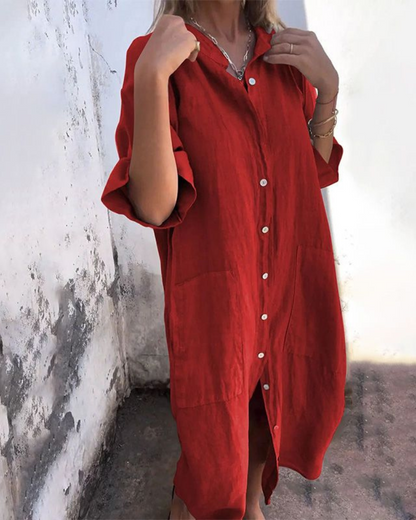 Montarello Women's Linen-Look Shirt Dress Button-Front Midi