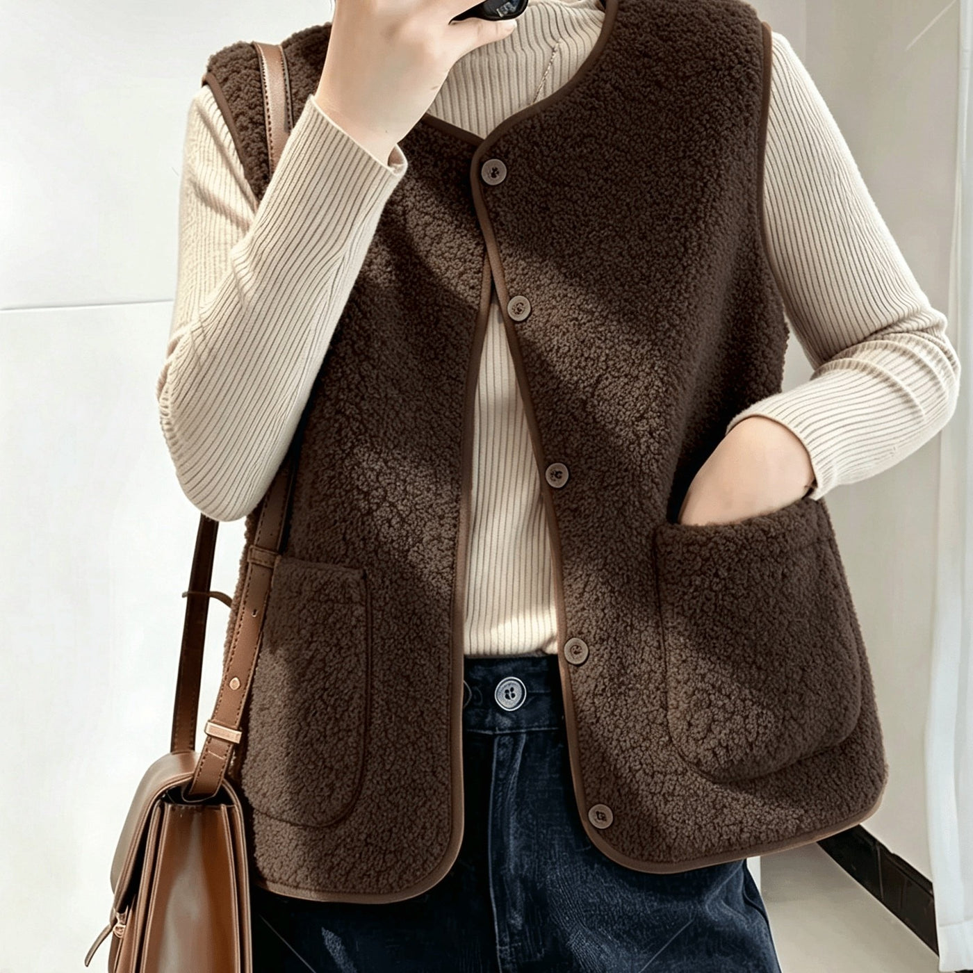 Montarello Women's Gilet Borg Teddy Button Front