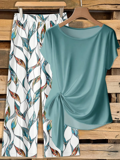 Montarello Leaf Print Women's 2-Piece Top & Trouser Set