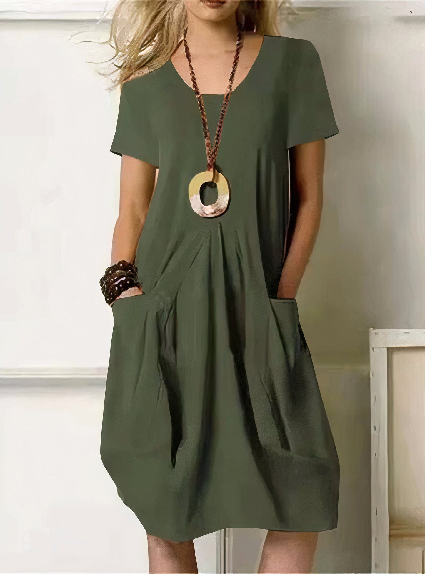 Montarello Women's Relaxed Fit Pocket Midi Dress Short Sleeve