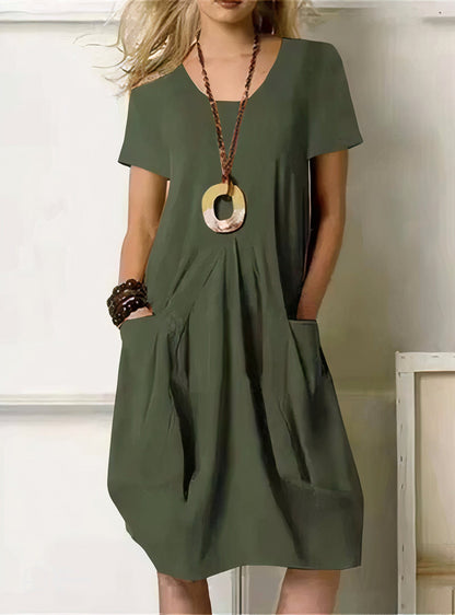 Montarello Women's Relaxed Fit Pocket Midi Dress Short Sleeve