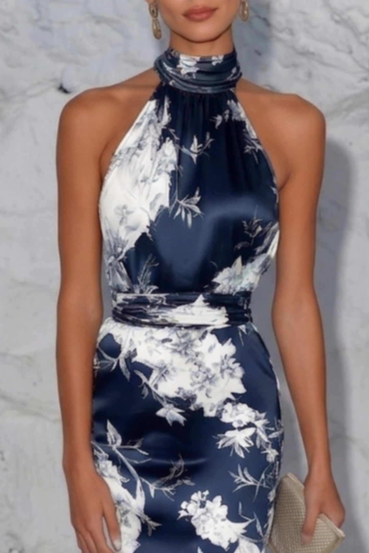 Robe midi à fleurs en satin à col licou pour femme Montarello  