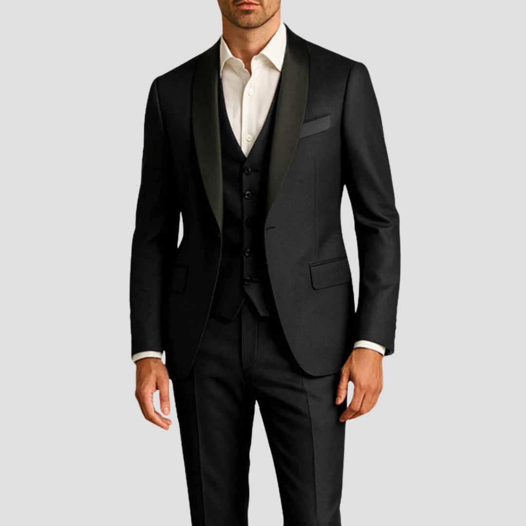 Montarello Men's Slim Fit Tuxedo 3-Piece Suit – Contrast Lapel Blazer Set