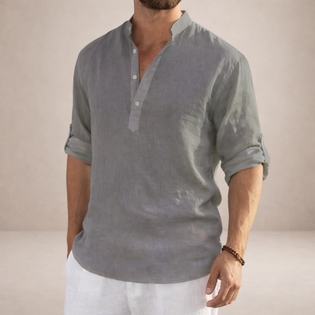 Montarello Men's Linen-Look Stand Collar Shirt Long Sleeve