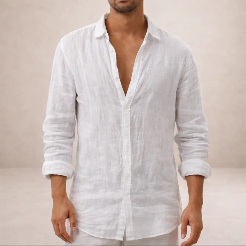 Montarello Men's Linen-Look Open Collar Shirt Long Sleeve