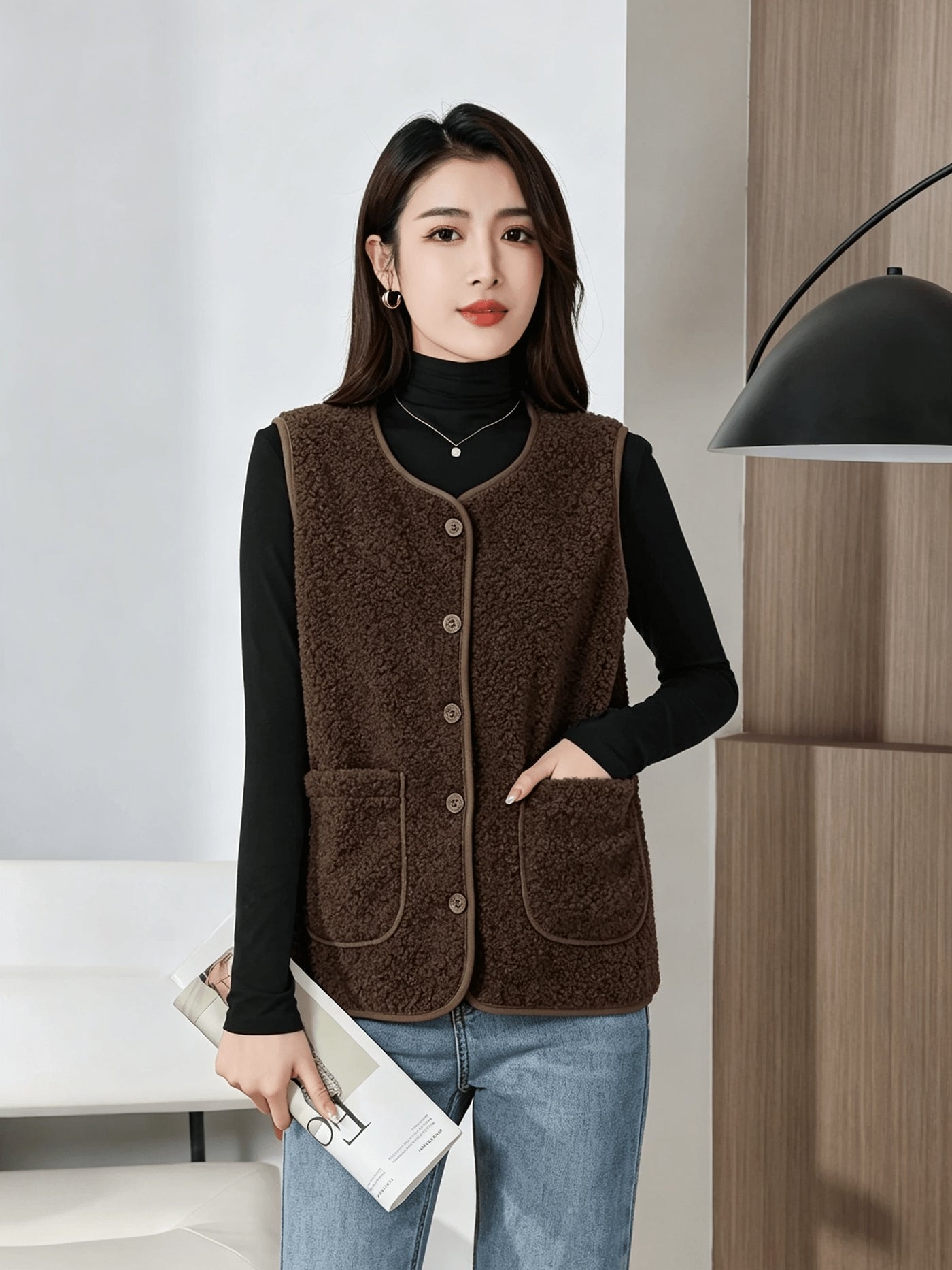 Montarello Women's Gilet Borg Teddy Button Front