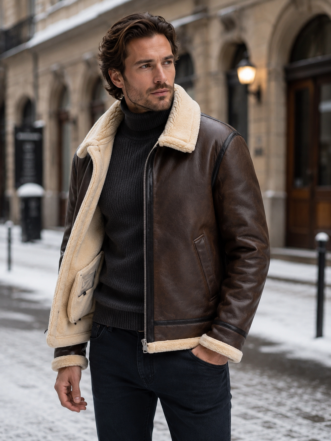 Montarello Men's Aviator Jacket Leather-Look Shearling