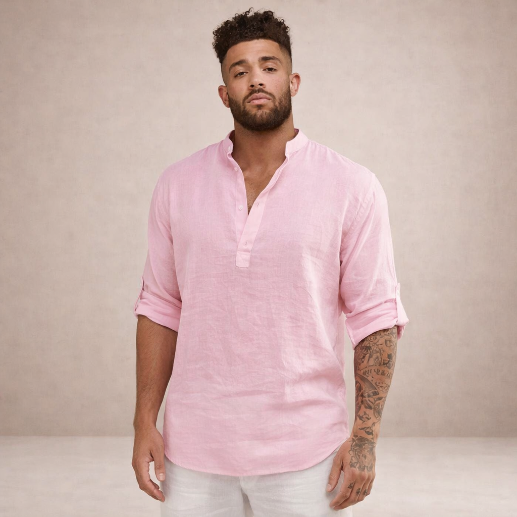 Montarello Men's Linen-Look Stand Collar Shirt Long Sleeve