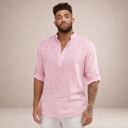 Montarello Men's Linen-Look Stand Collar Shirt Long Sleeve