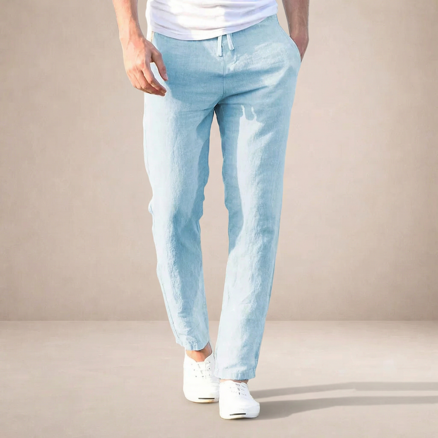 Montarello Men's Straight-Leg Linen-Look Elastic Waist Summer Trousers