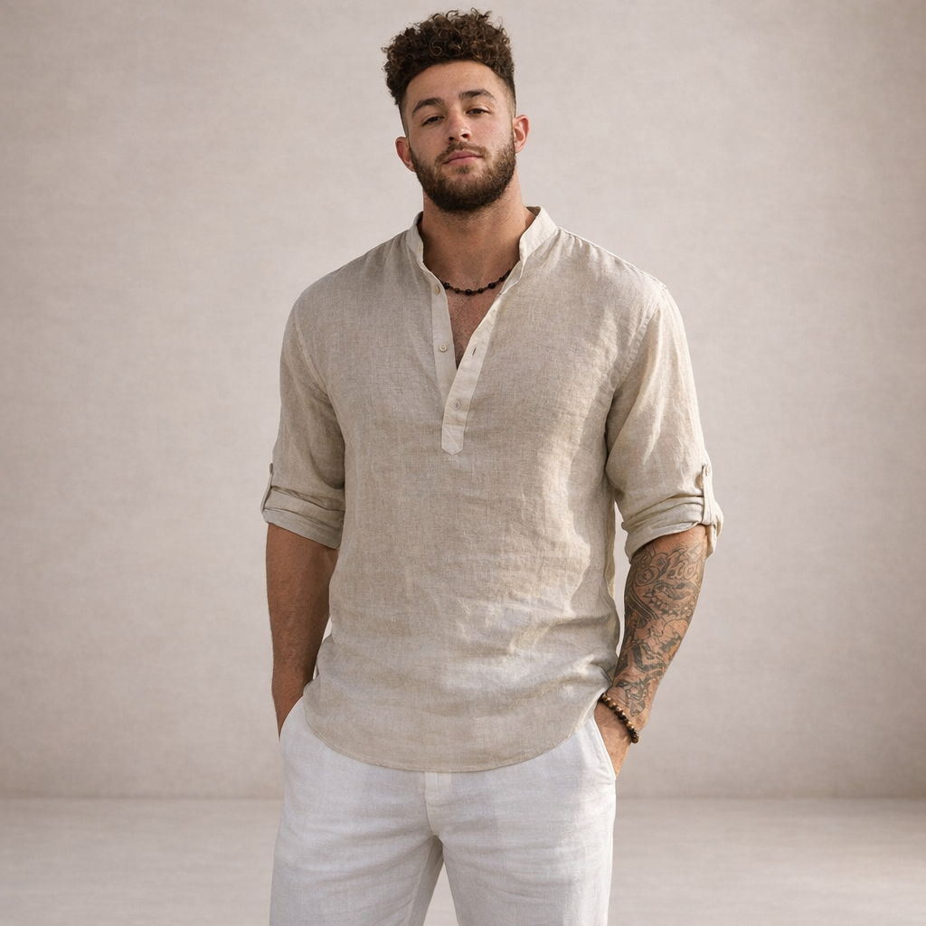 Montarello Men's Linen-Look Stand Collar Shirt Long Sleeve