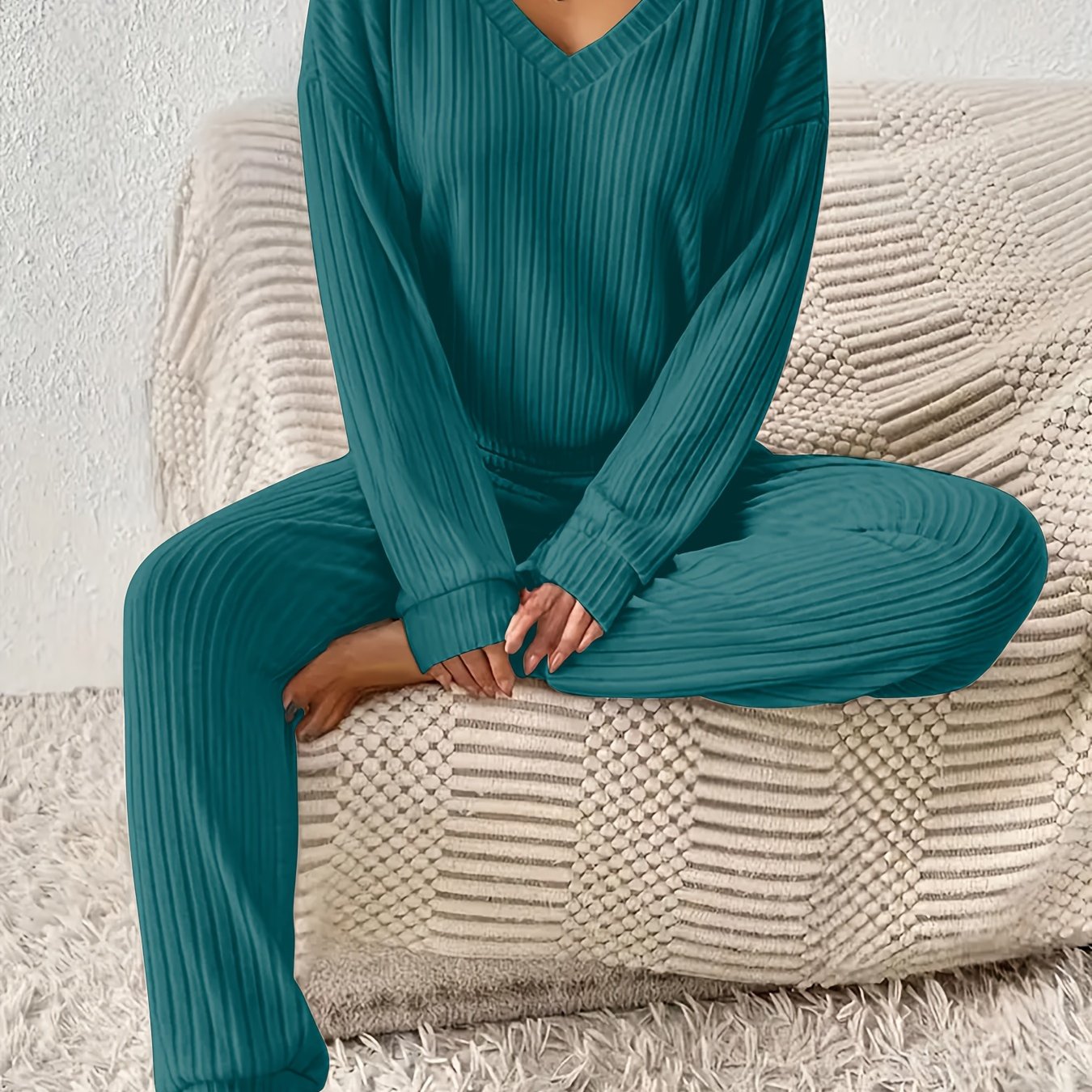 Montarello Women's Lounge Set Ribbed V-Neck Tapered