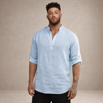 Montarello Men's Linen-Look Stand Collar Shirt Long Sleeve