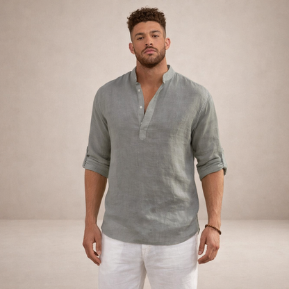 Montarello Men's Linen-Look Stand Collar Shirt Long Sleeve