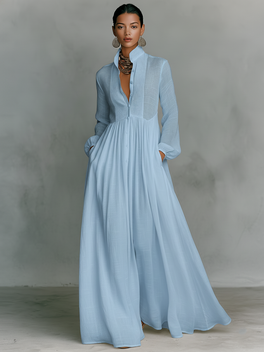 Montarello Women's Linen-Look Maxi Dress Stand Collar Long Sleeve
