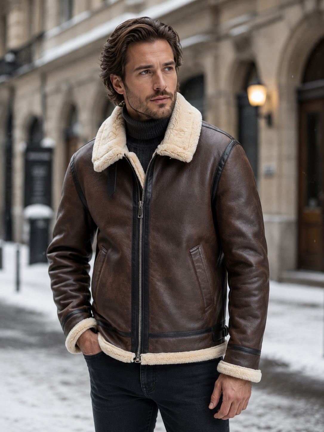 Montarello Men's Aviator Jacket Leather-Look Shearling