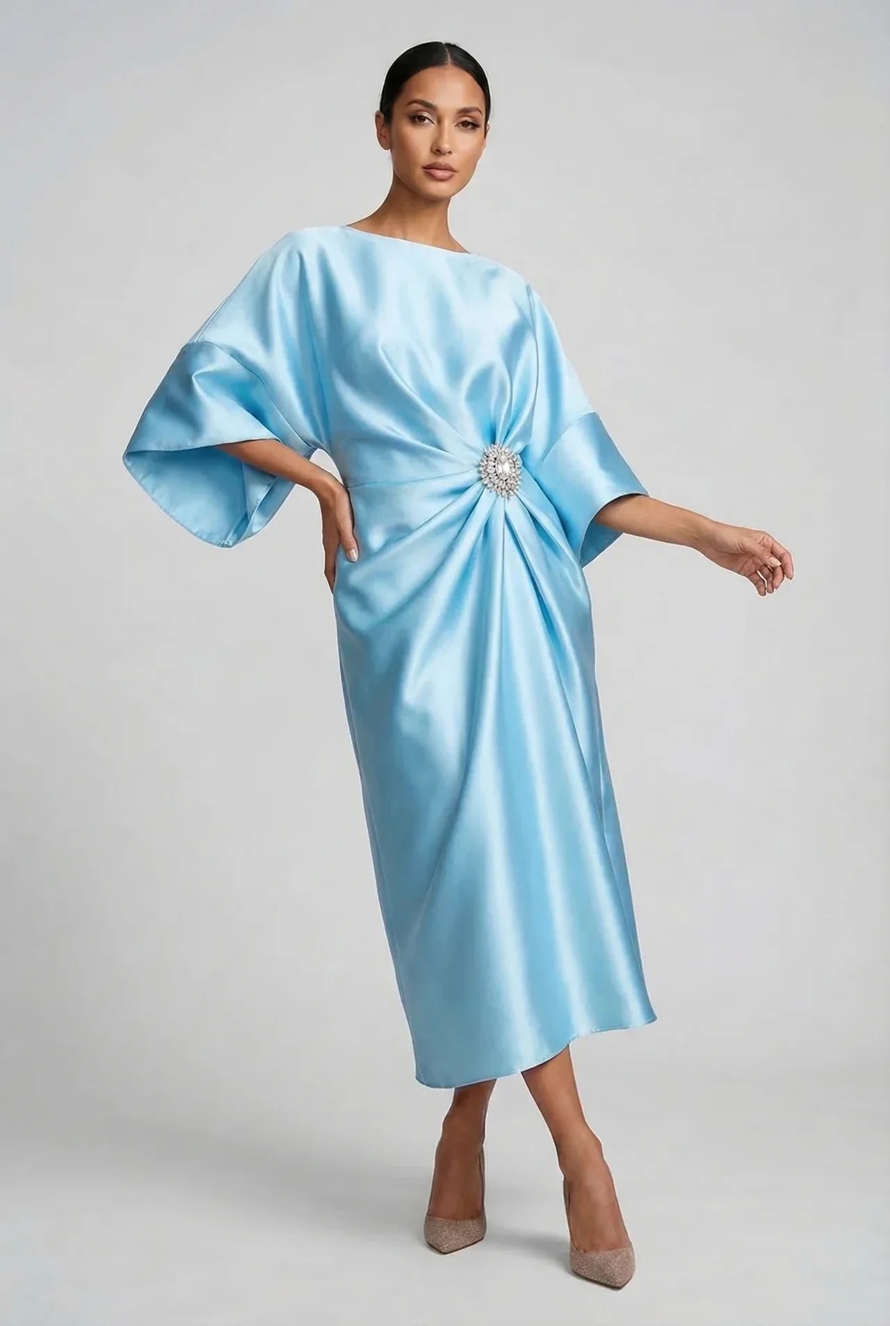 Montarello Women's Satin-Look Batwing Sleeve Wedding Guest Midi Dress