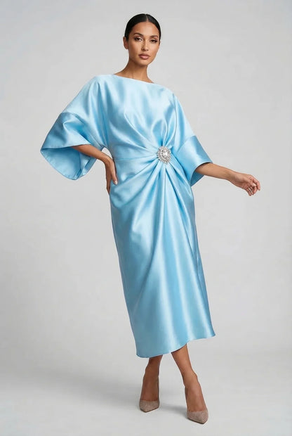 Montarello Women's Satin-Look Batwing Sleeve Wedding Guest Midi Dress