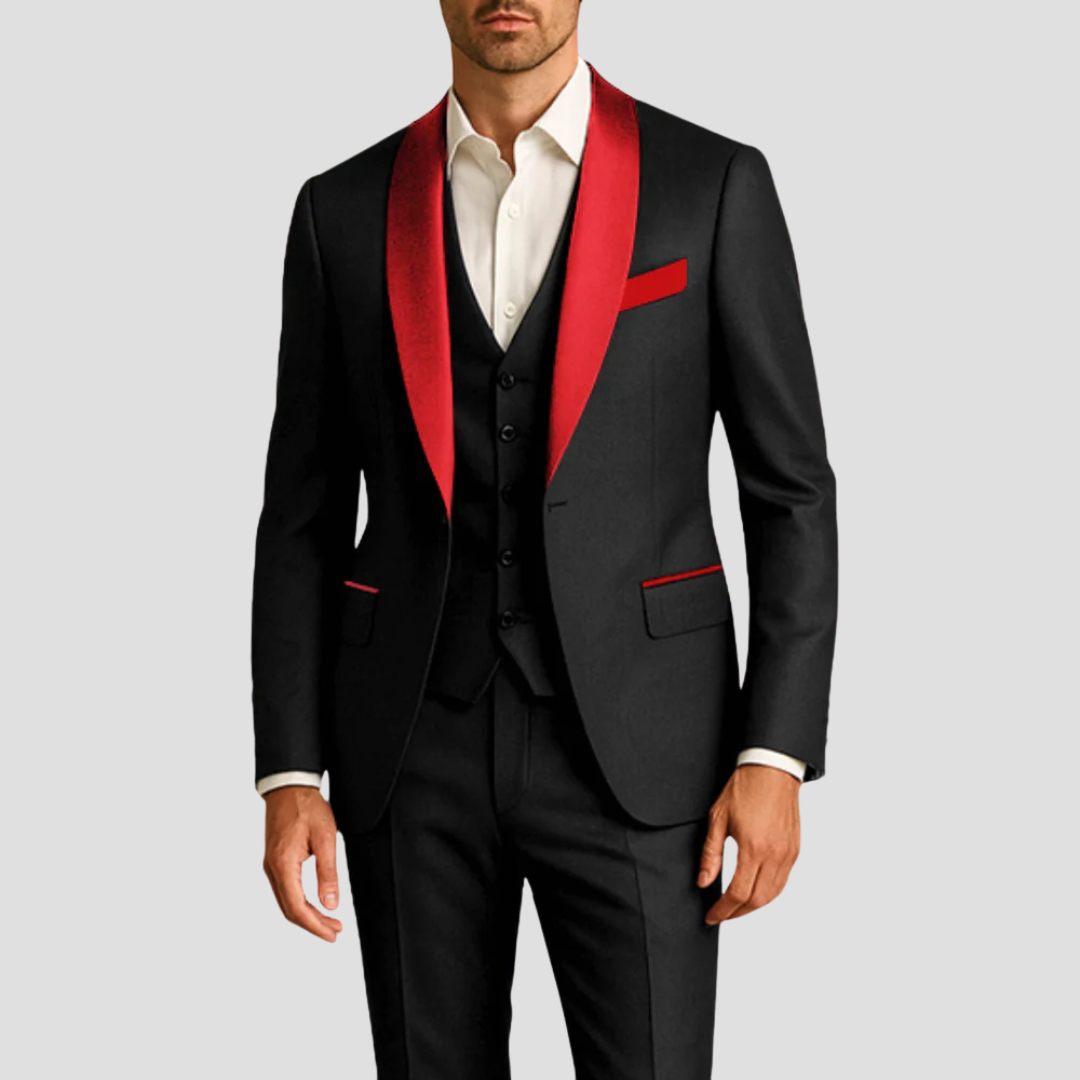 Montarello Men's Slim Fit Tuxedo 3-Piece Suit – Contrast Lapel Blazer Set