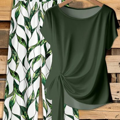 Montarello Leaf Print Women's 2-Piece Top & Trouser Set
