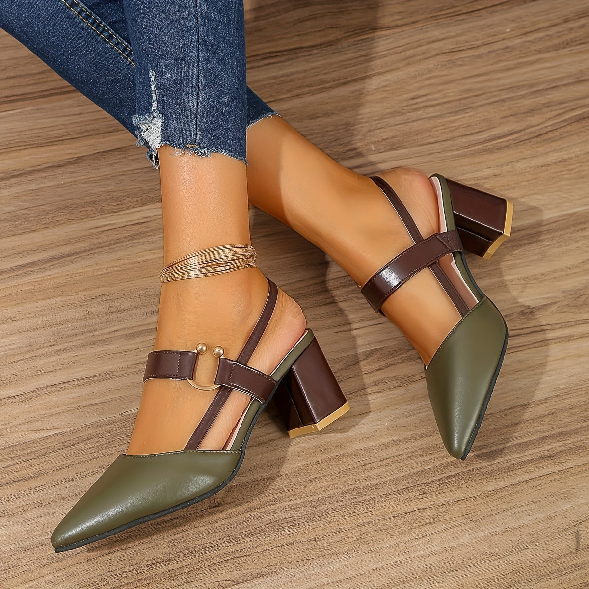 Montarello Women’s Pointed-Toe Block Heel Slingback Sandals
