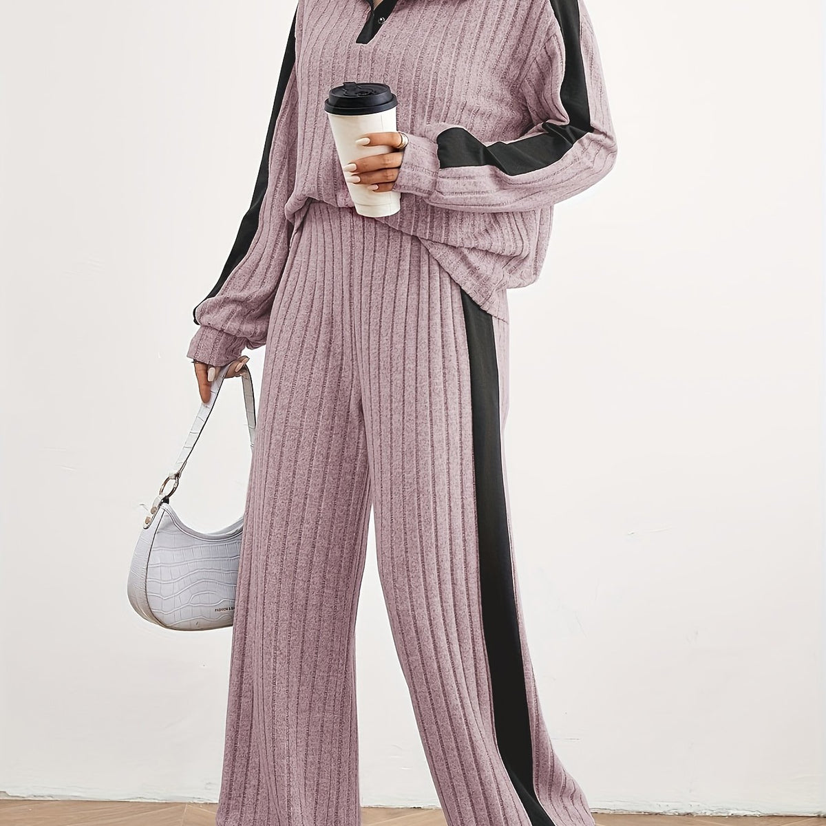 Montarello Women's Lounge Set Striped Knit Contrast Trim Two Piece