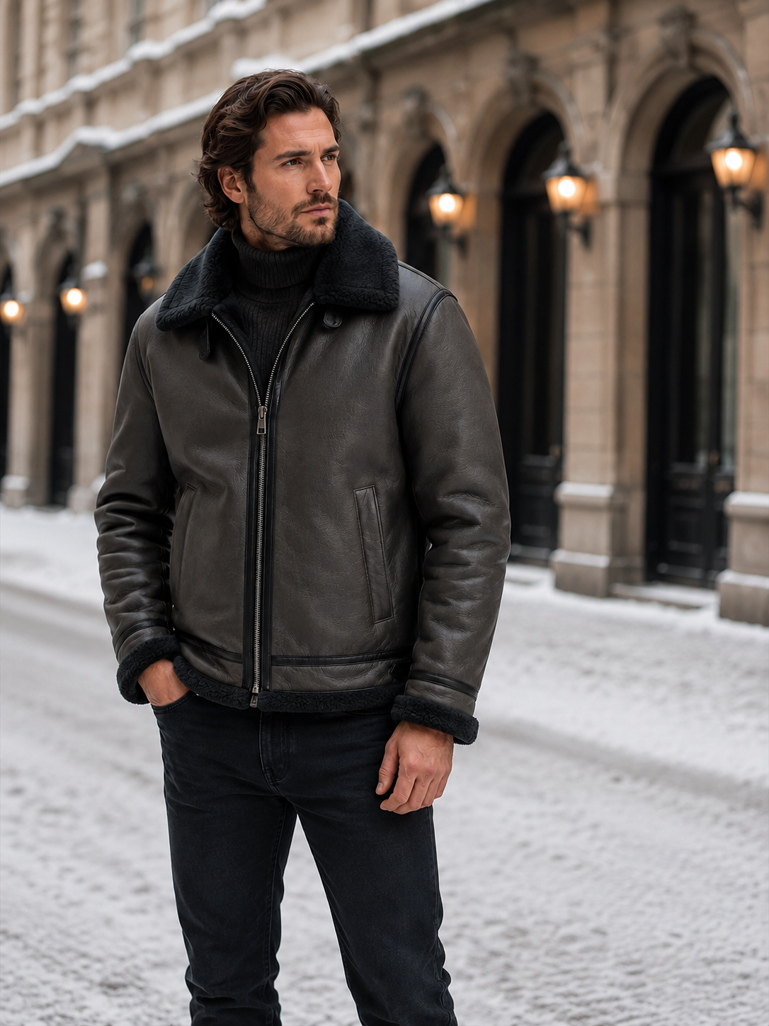 Montarello Men's Aviator Jacket Leather-Look Shearling