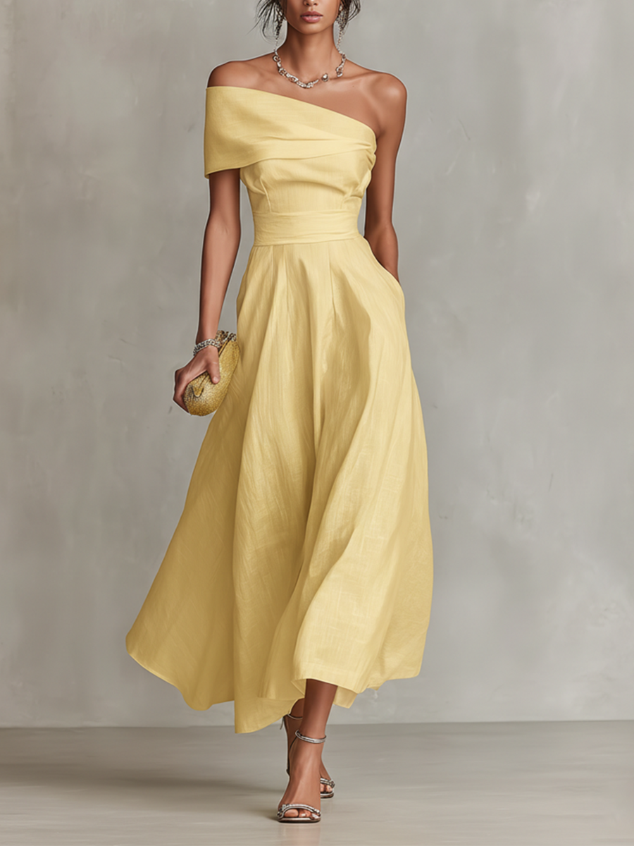 Montarello Women's One-Shoulder Fitted Linen-Look Midi Occasion Dress
