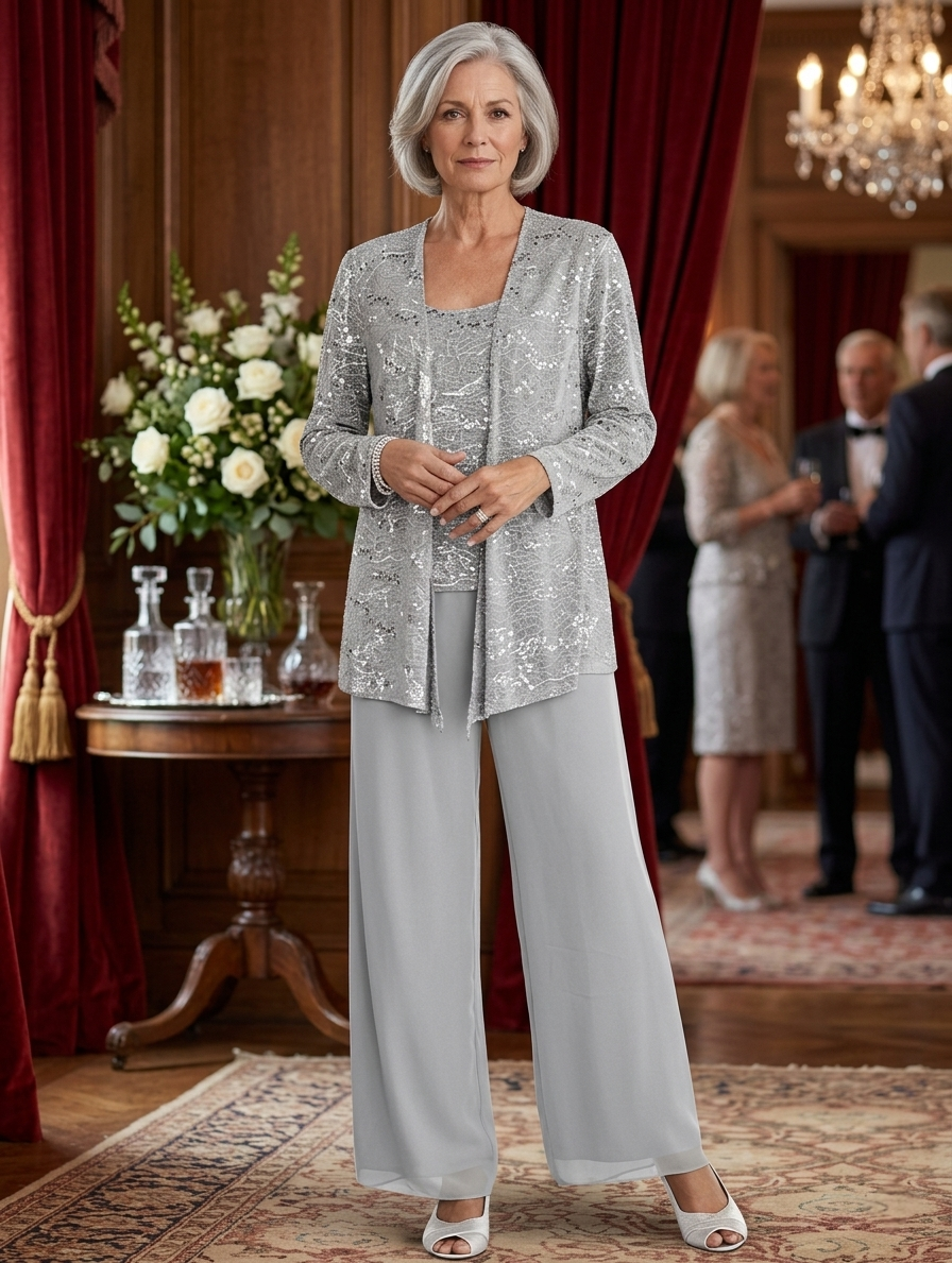 Montarello Women's Chiffon Sequin Jacket Trouser Suit 3-Piece