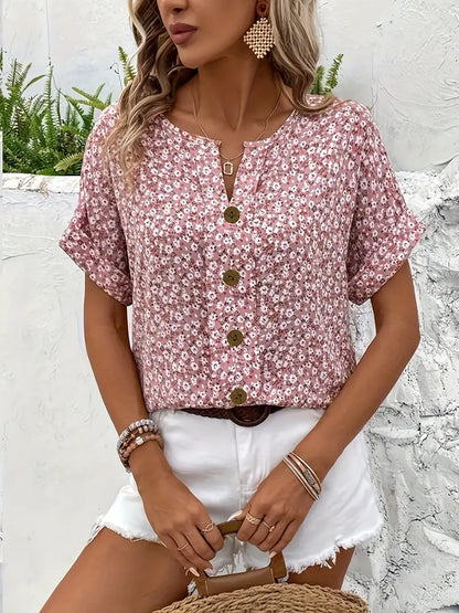 Montarello Women's Floral Print Button Blouse Short Sleeve